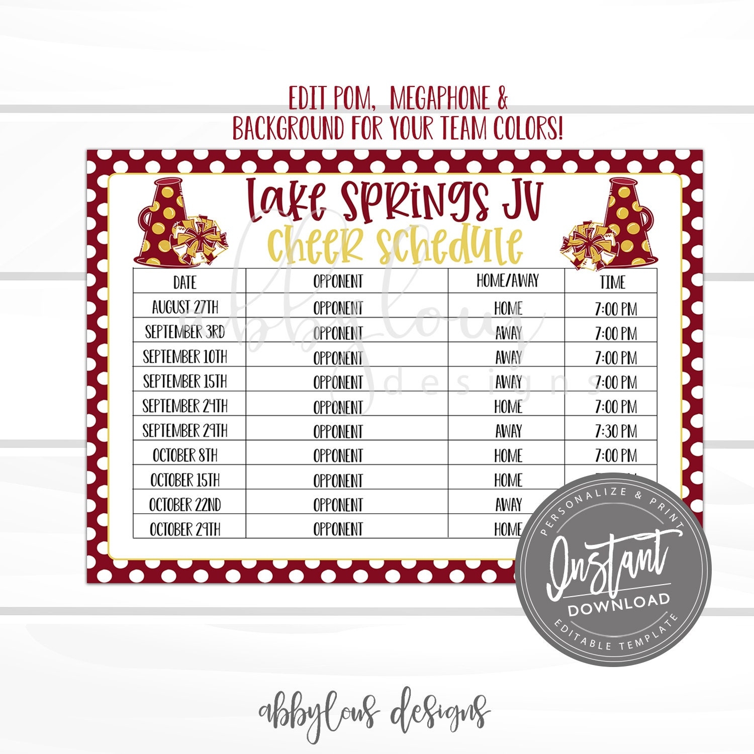 EDITABLE Cheer Schedule Printable Practice Schedule Printable 