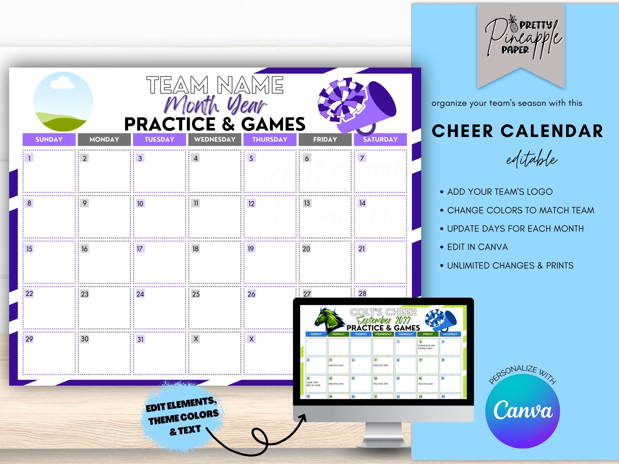 Editable Cheerleader Calendar Template Instant Download Practice 