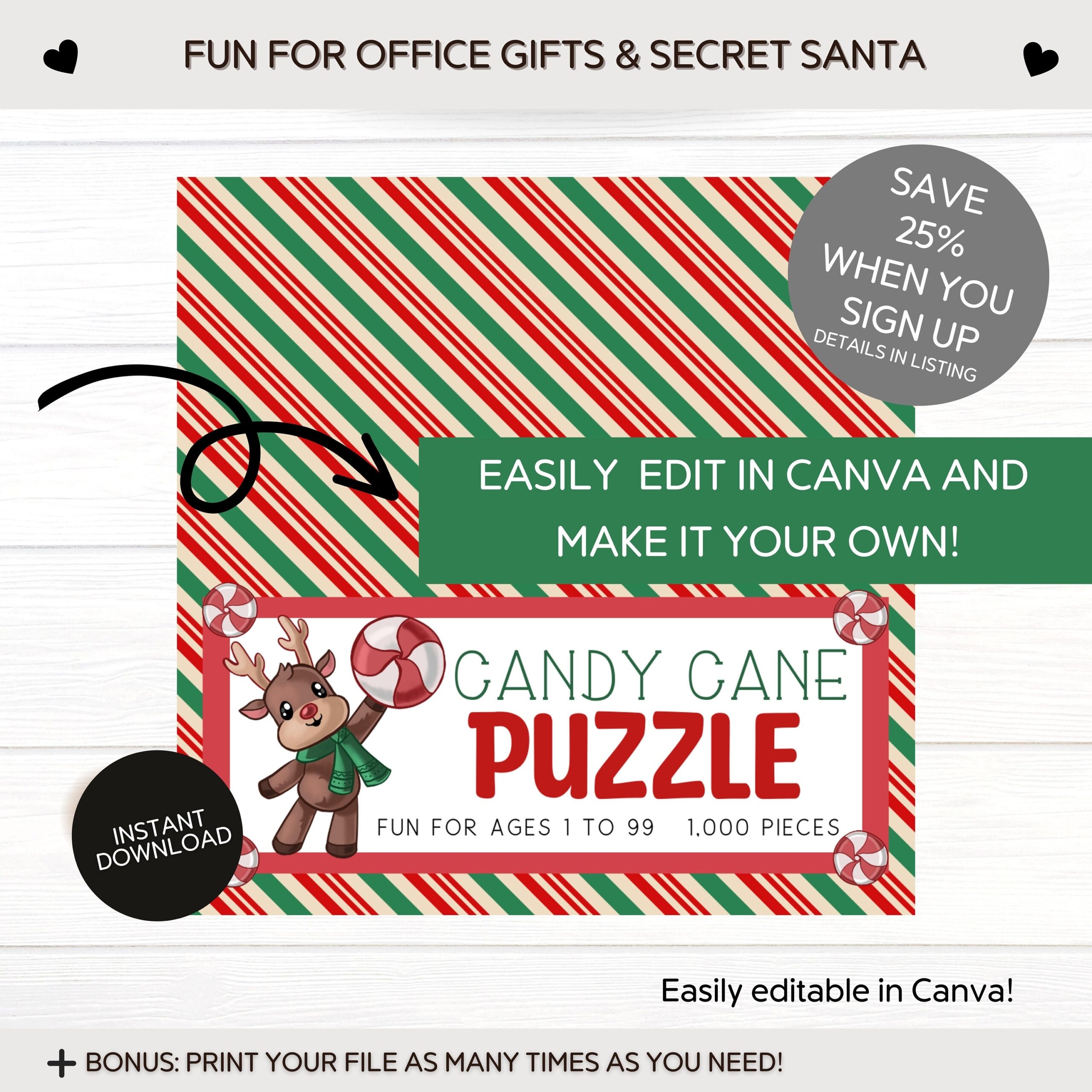 Editable Christmas Candy Cane Puzzle White Elephant Gag Gift 