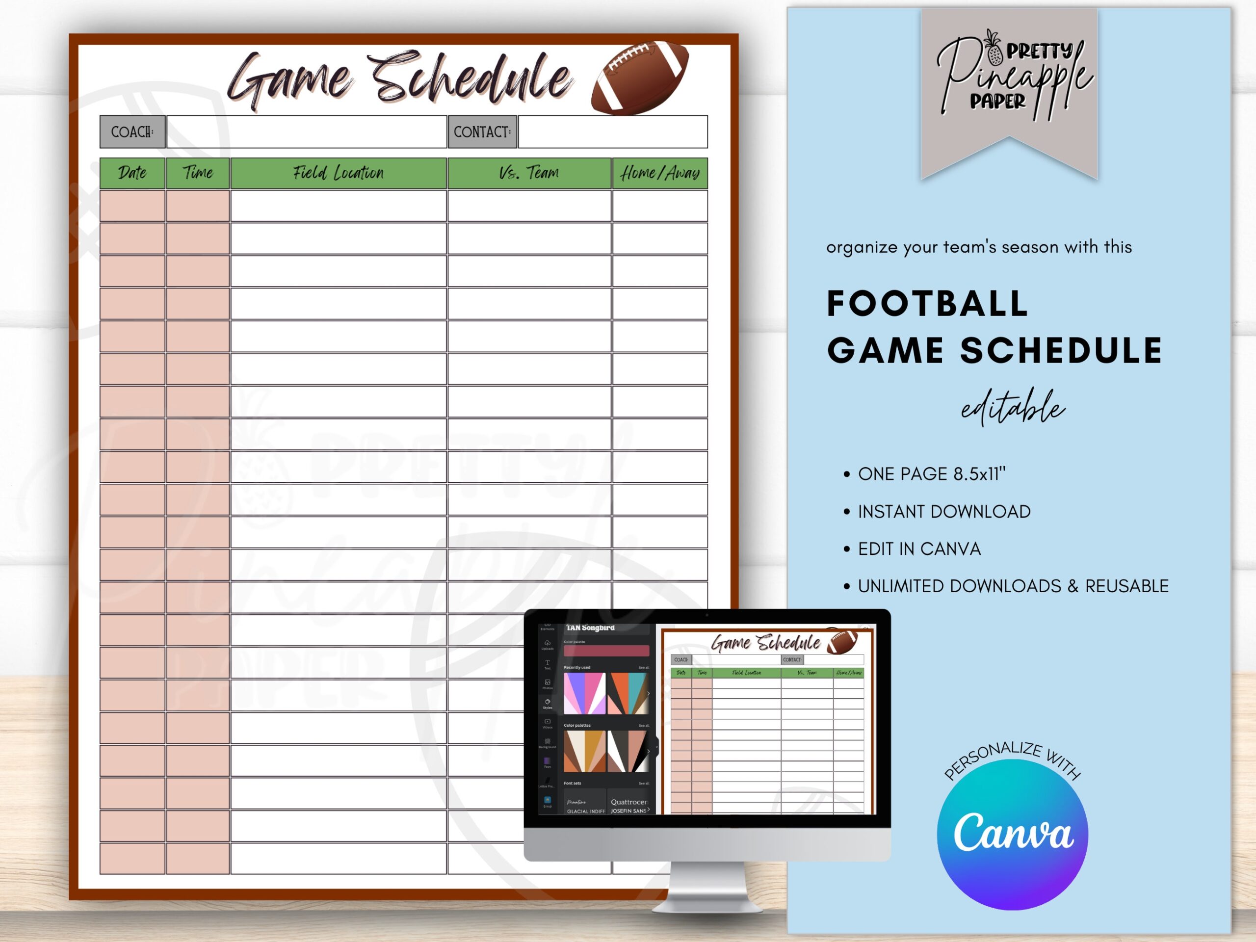 Editable Football Game Schedule Template Instant Download To 