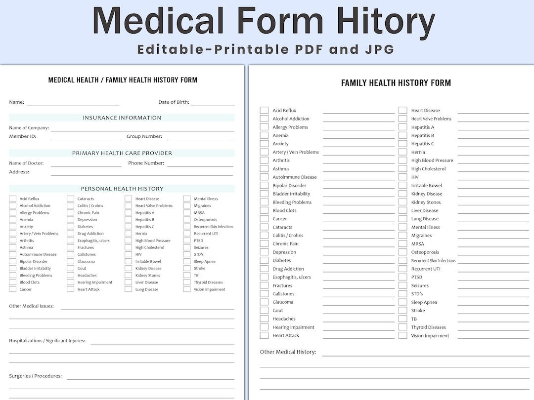 Editable Medical History Form Family Medical History Form Medical Record Personal Health History Medical Health Family Health History Etsy Ireland