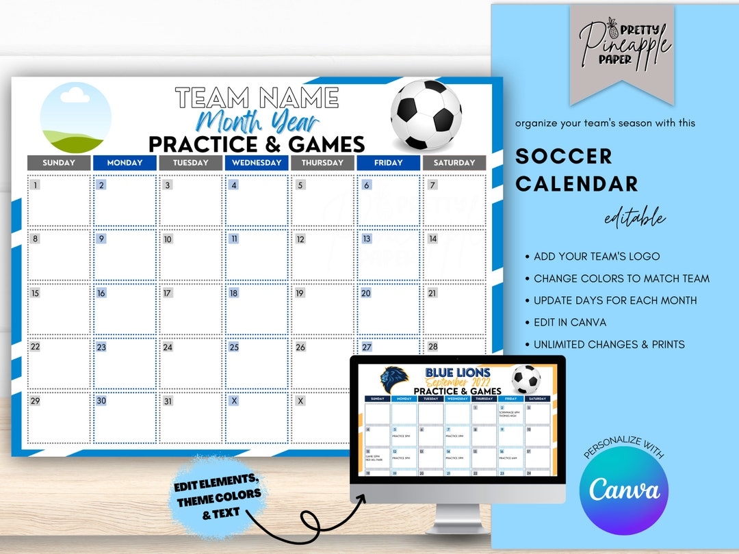 Editable Soccer Calendar Template Instant Download Practice Game Schedule For Soccer Season Fillable Printable Team Mom Coach Planner Etsy