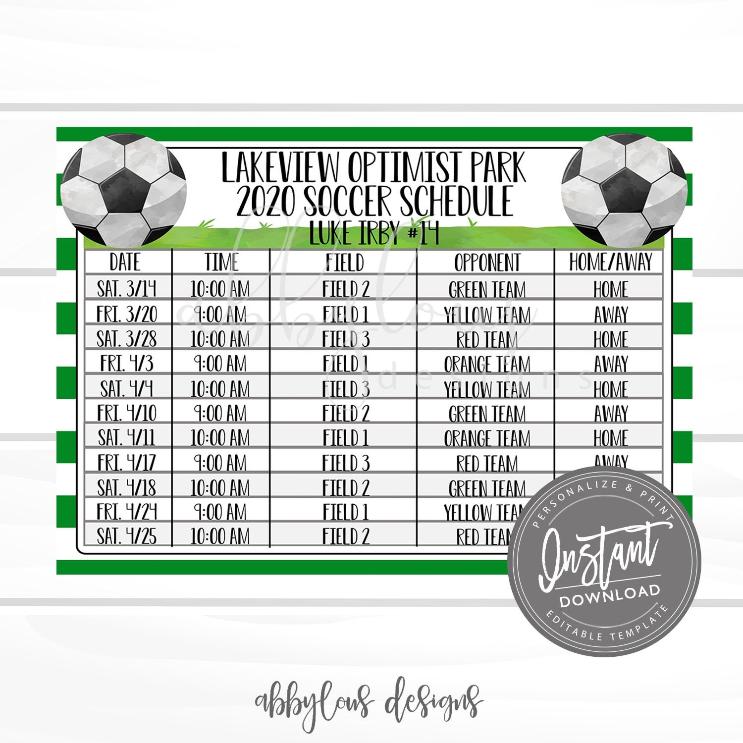 EDITABLE Soccer Game Schedule Printable Practice Schedule Summer 