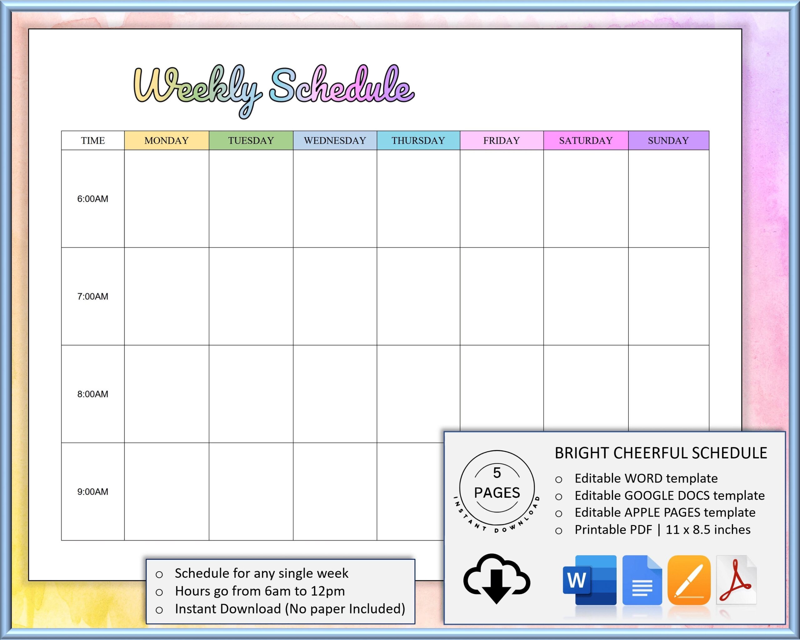 EDITABLE Weekly Schedule Template WORD Google Docs Apple Pages 