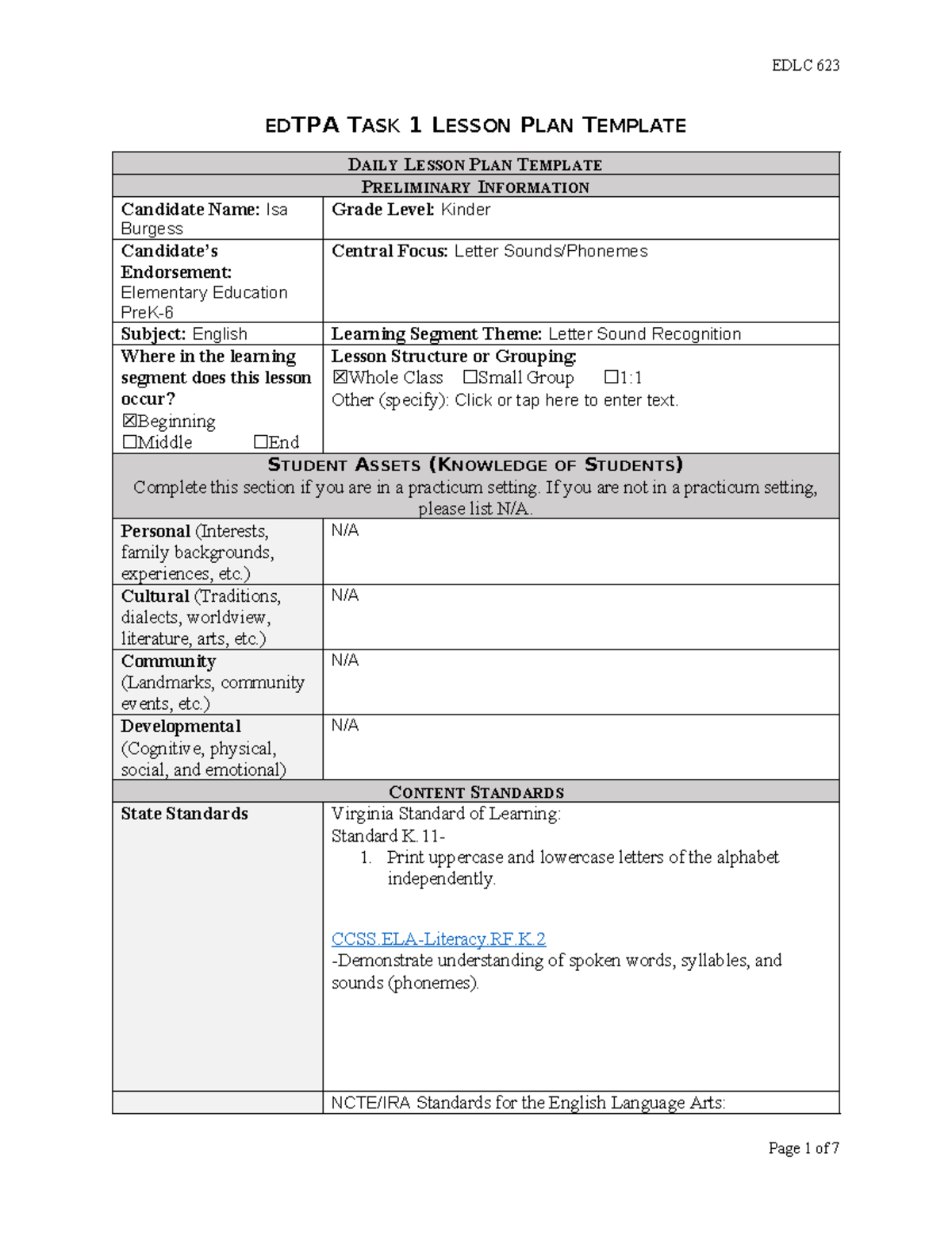 EDTPA Task 1 Kinder Lesson Plan On Letter Sounds For English Studocu