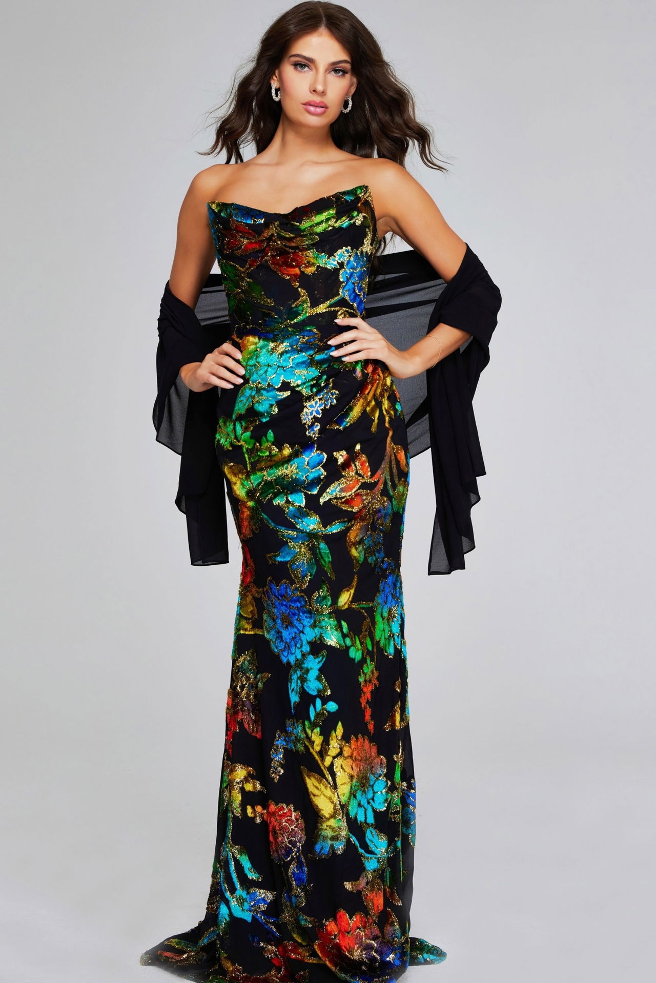 Elegant Multi Color Strapless Gown With Vibrant Floral Pattern 