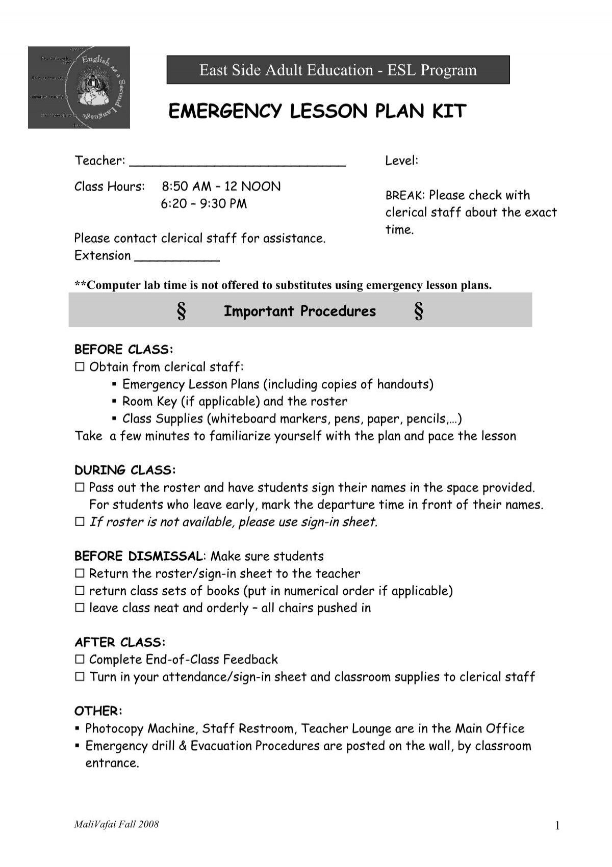 Emergency WIPPEA Lesson Plan Template East Side Adult Education