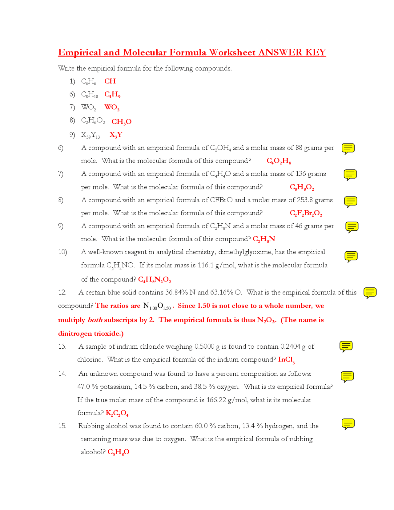 Empirical And Molecular Formula Worksheet ANSWER KEY Study Notes Analytical Chemistry Docsity