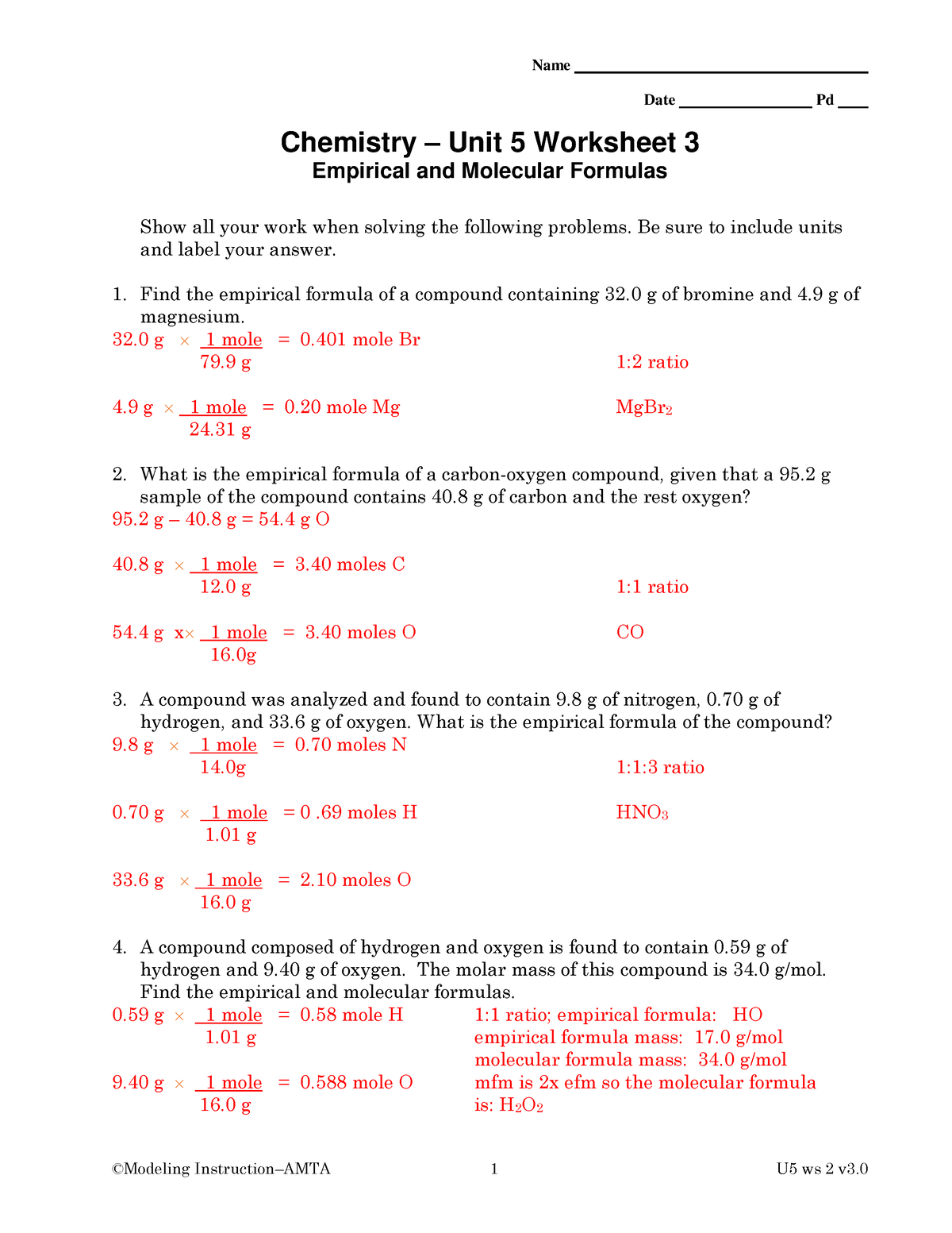 empirical and molecular formula worksheet