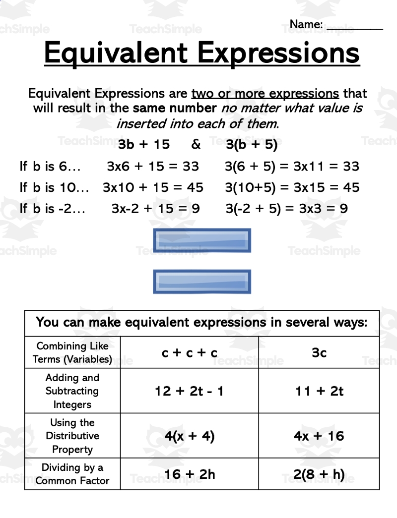 Equivalent Expressions Handout Financial Situations Matching