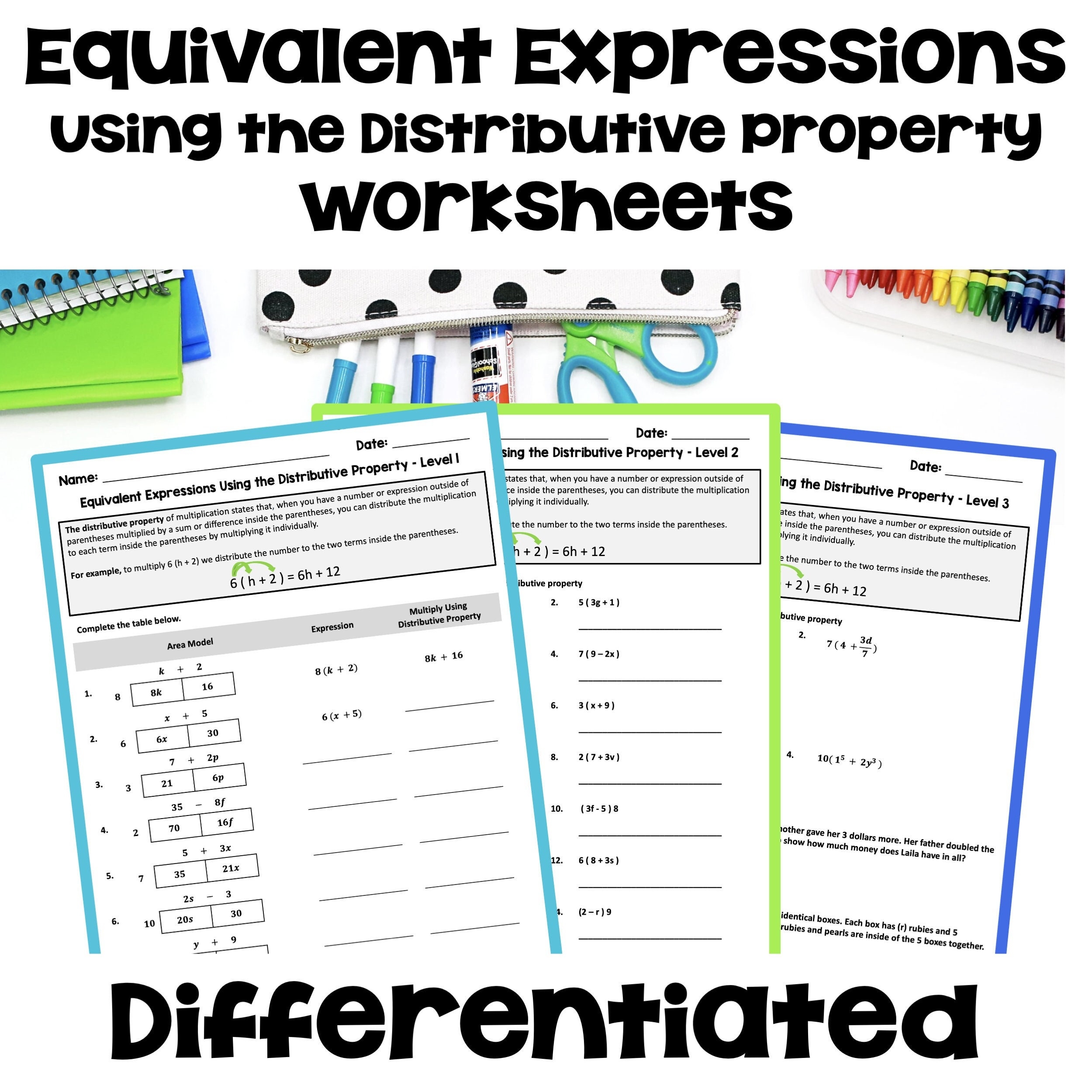 Equivalent Expressions Using The Distributive Property Worksheets 