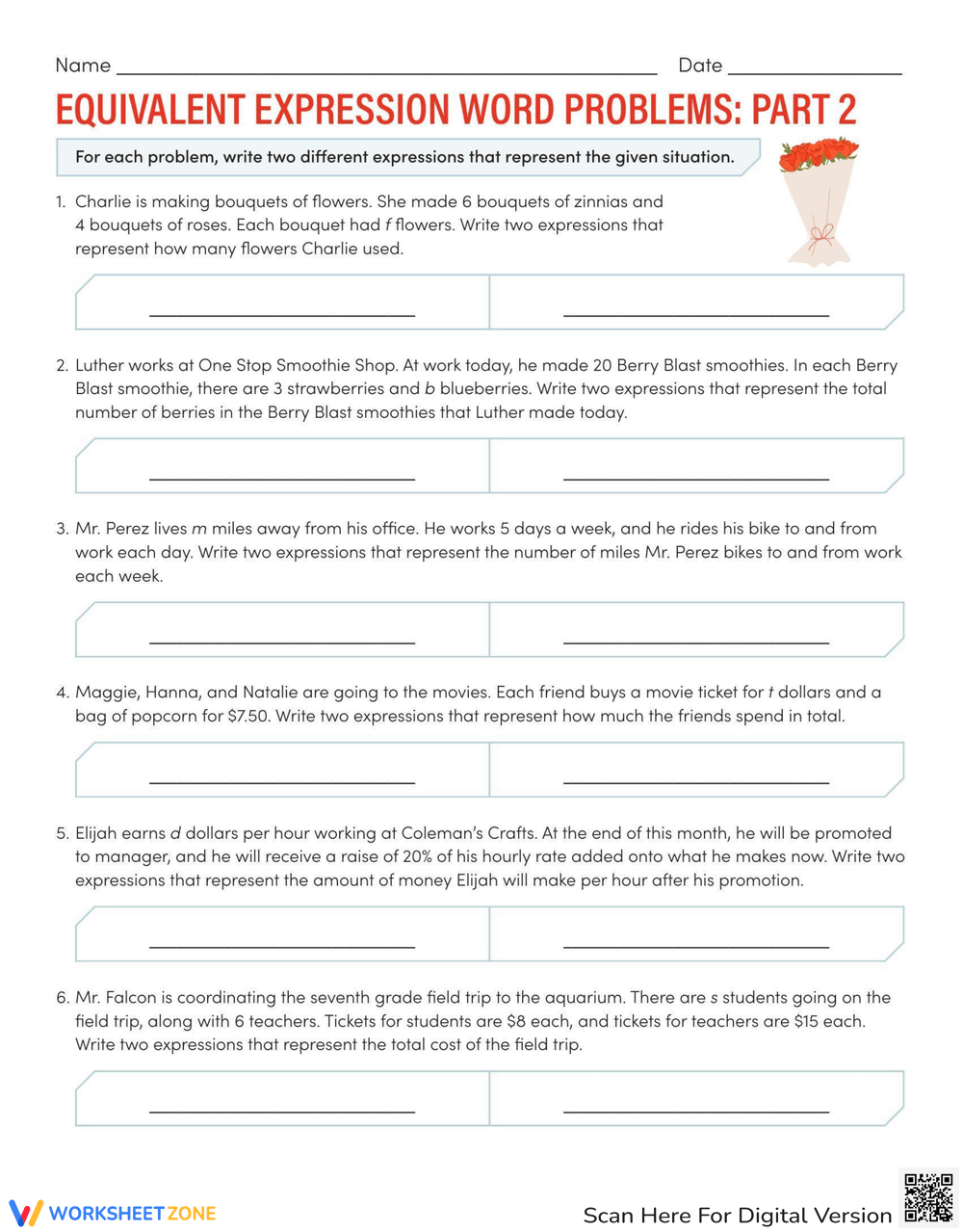 Equivalent Expressions Word Problems Algebra Worksheet