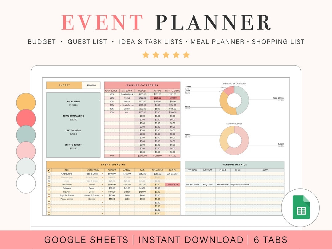 Event Planner Spreadsheet Google Sheets Spreadsheet Template Digital Party Planner Etsy
