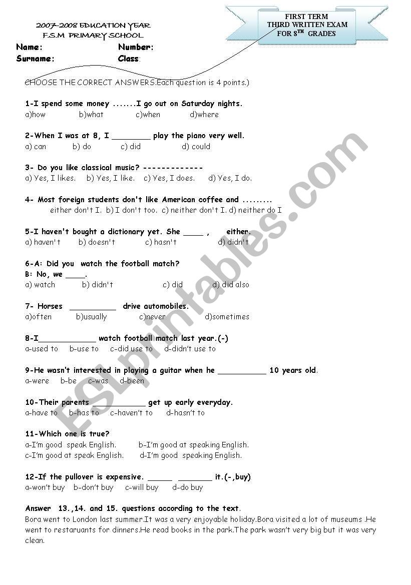 Exam For 8th Grades In Order To Revise Grammar Subjects ESL 