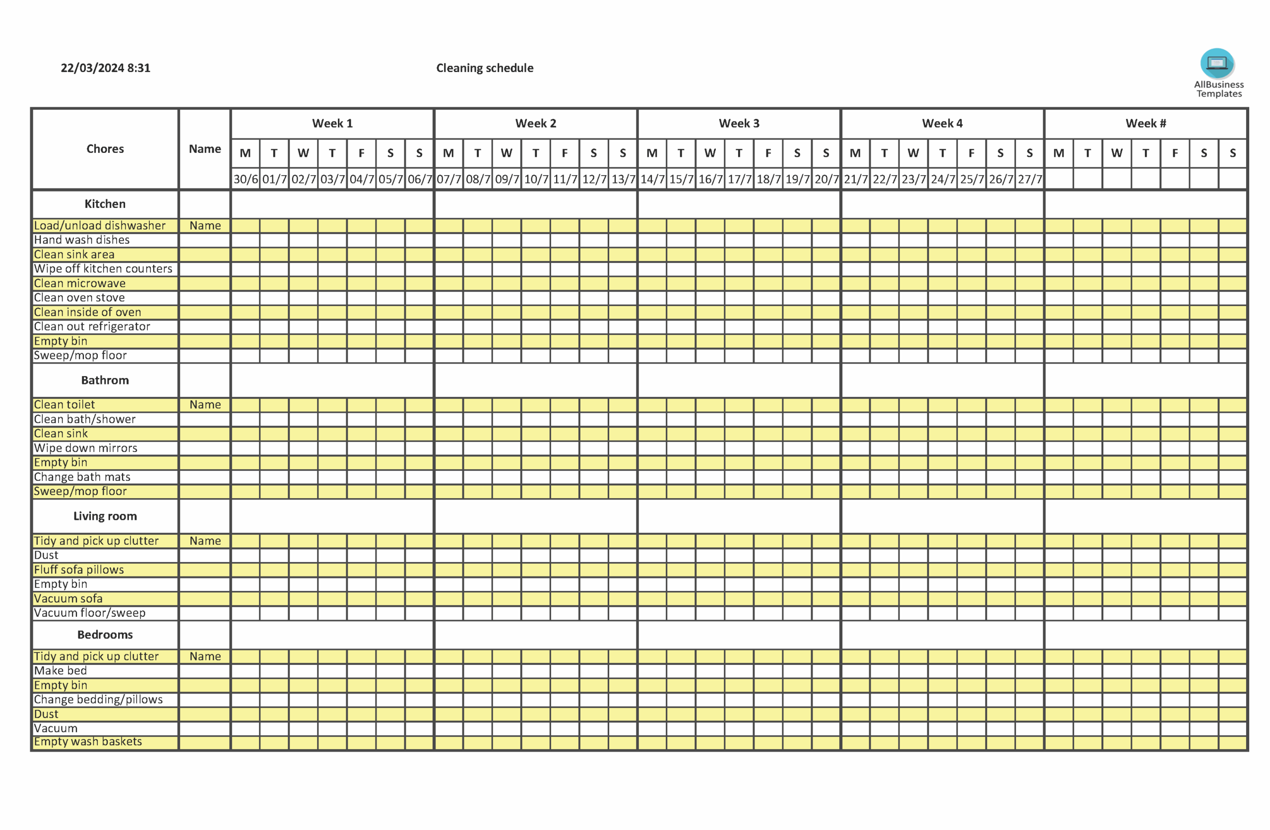 weekly cleaning schedule template excel