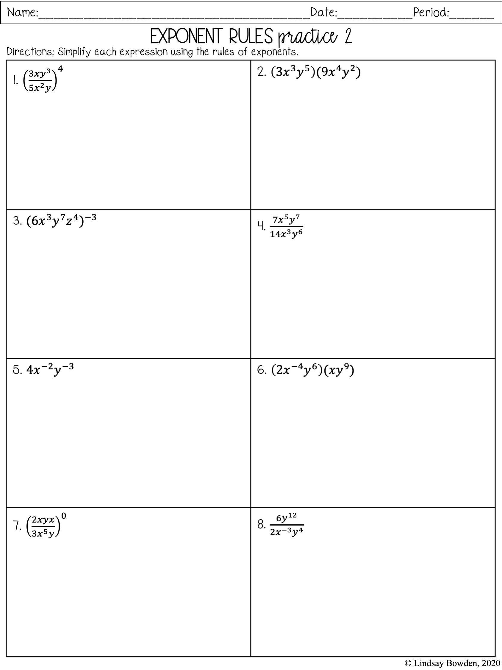 exponent rules worksheet pdf