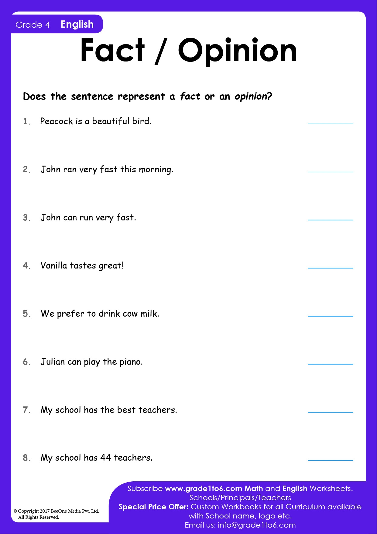 Fact And Opinion Worksheet Grade1to6