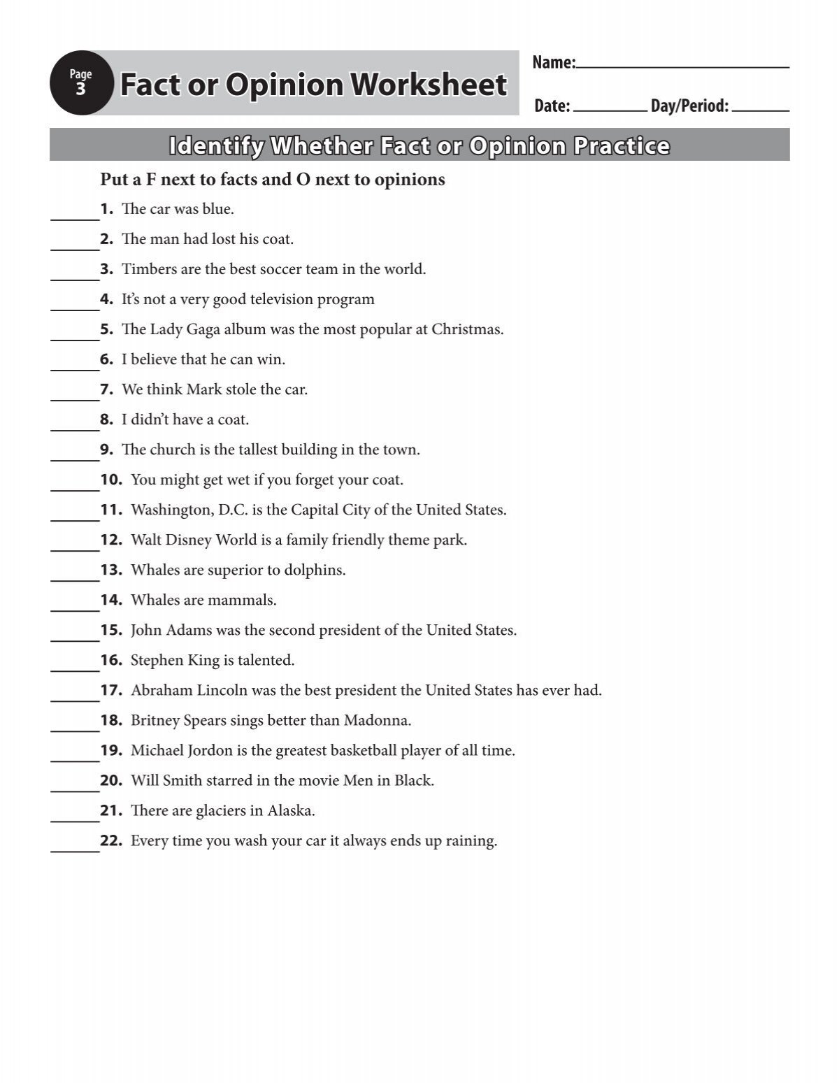 Fact Or Opinion Worksheet