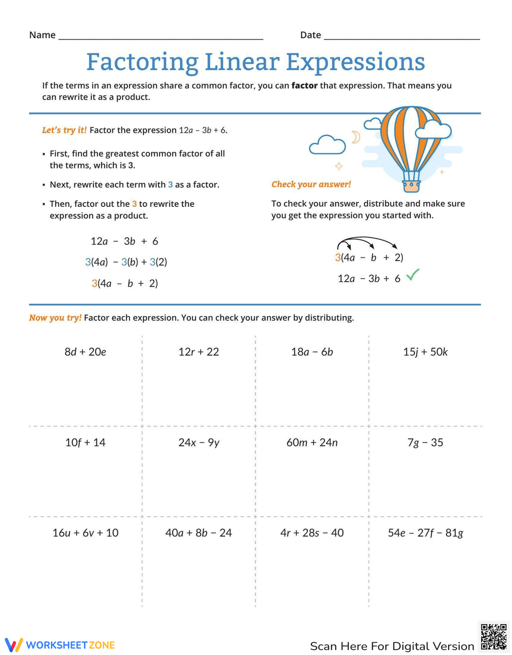 Factoring Linear Expressions Worksheet Worksheets Library