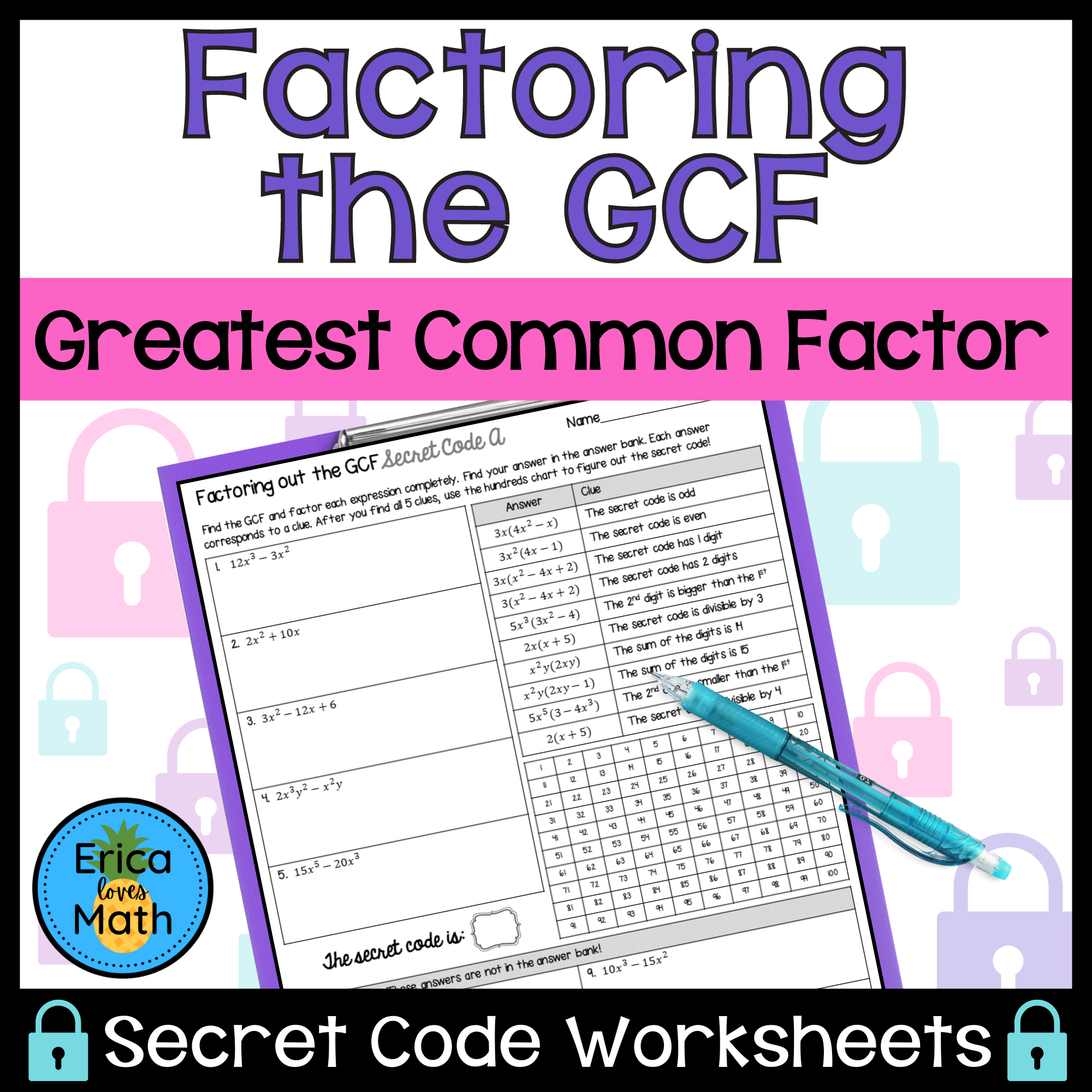Factoring The GCF Greatest Common Factor Worksheets Secret Code Made By Teachers