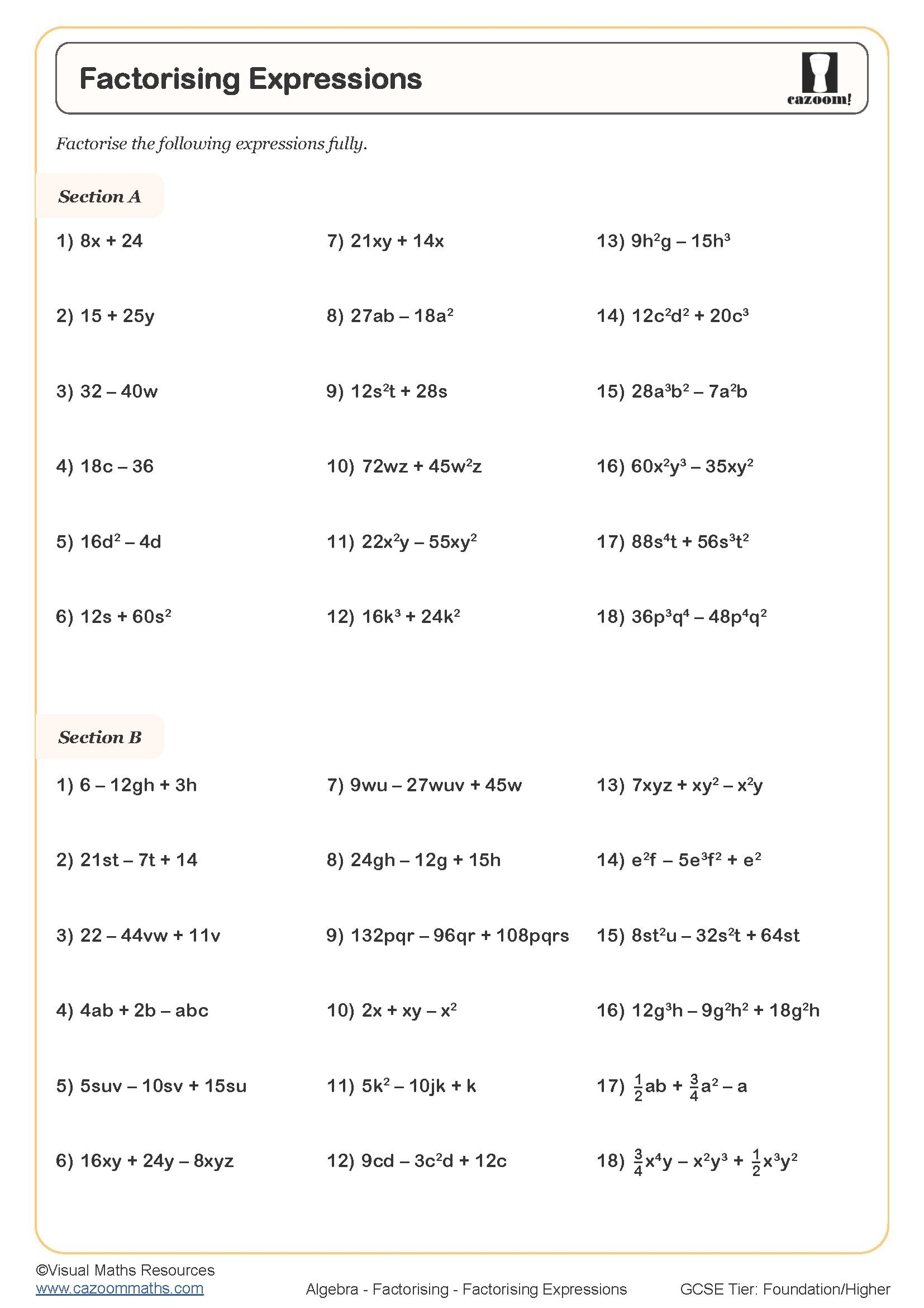 Factorising Expressions Worksheet Cazoom Maths Worksheets