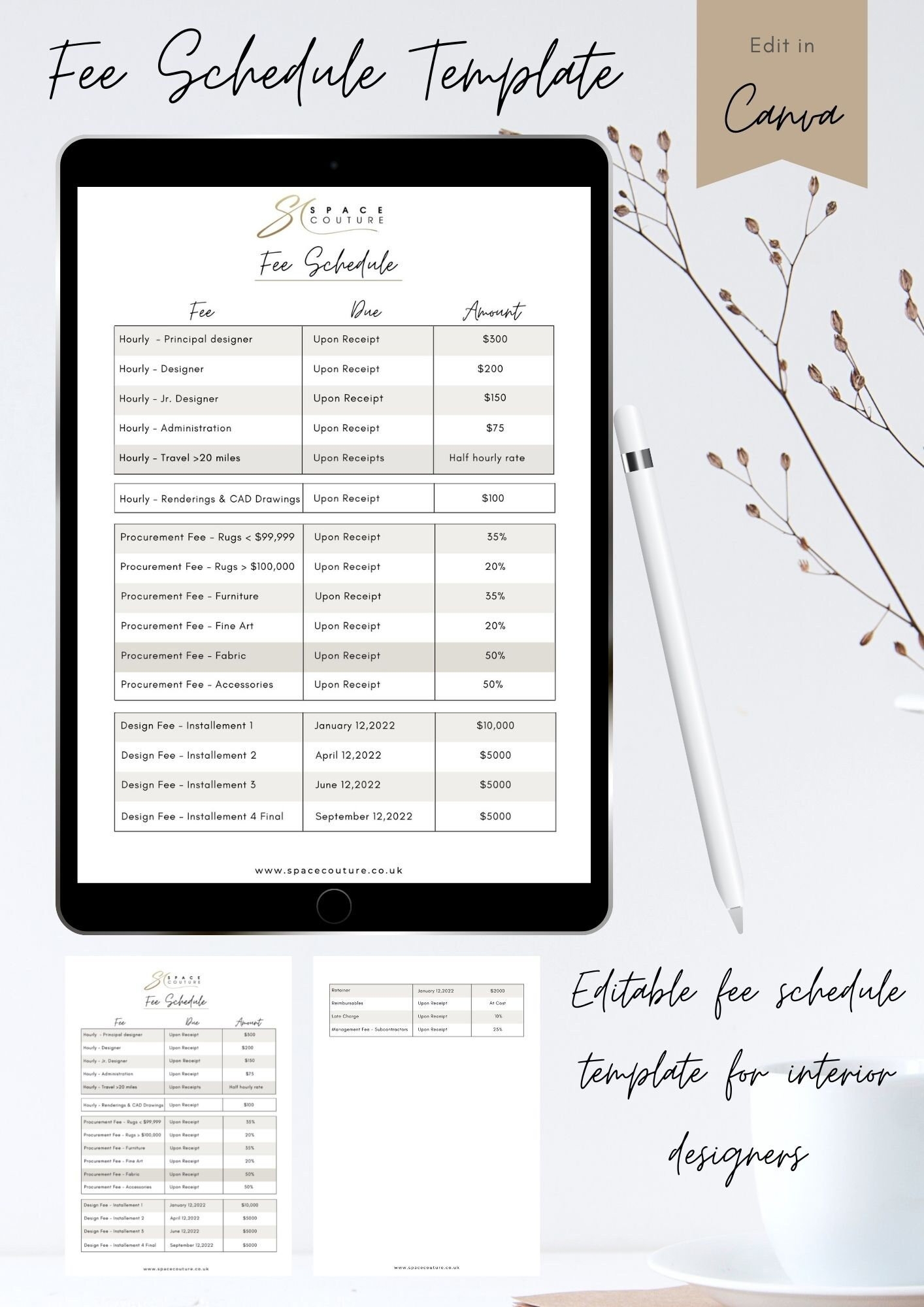 Fee Schedule Template editable Template interior Design schedule Template canva branding business fee Schedule branding canva Template Etsy