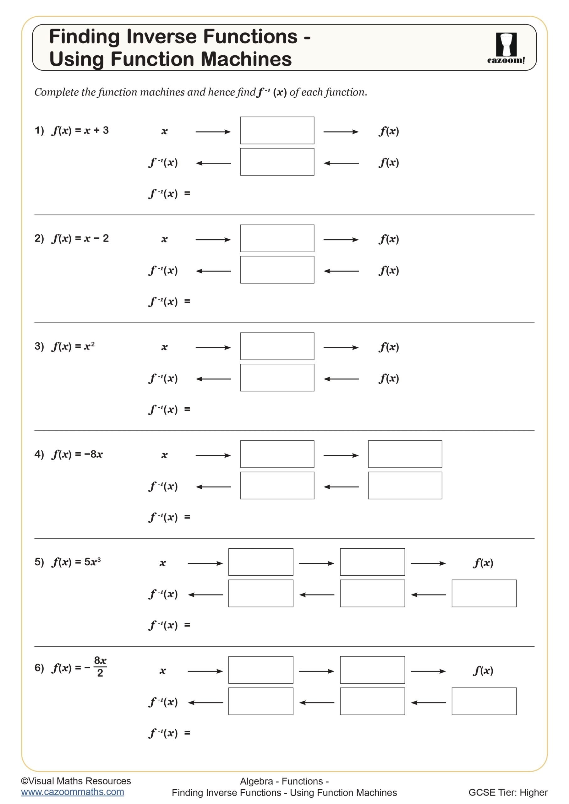 Finding Inverse Functions Using Function Machines Worksheet Fun And Engaging Year 10 And Year 11 Algebra Worksheet