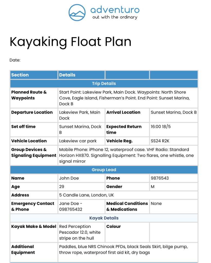 Float Plan Protect Yourself On Every Kayaking Adventure Downloadable Template Adventuro