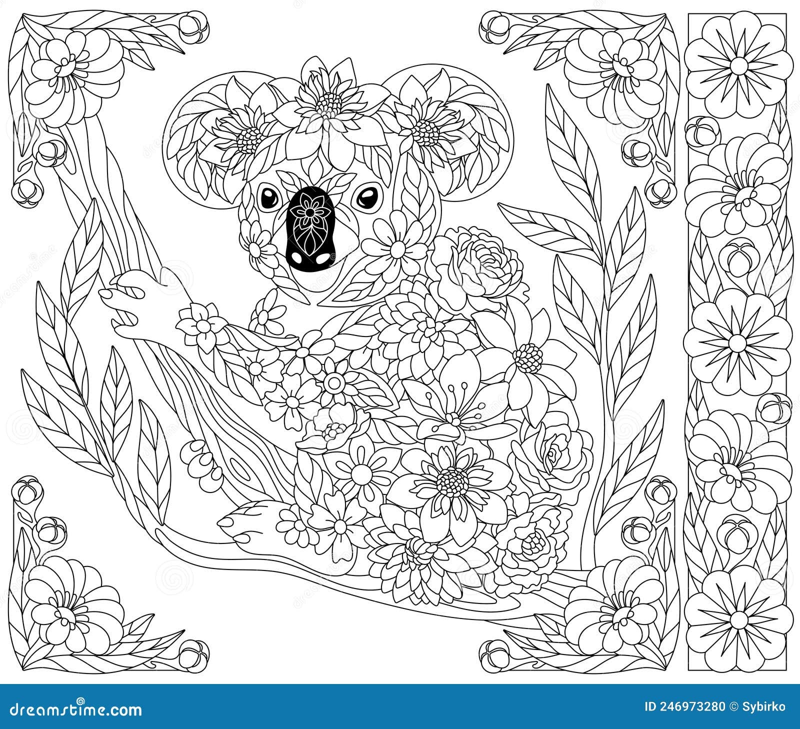 Floral Koala Bear Coloring Book Page Stock Vector Illustration 