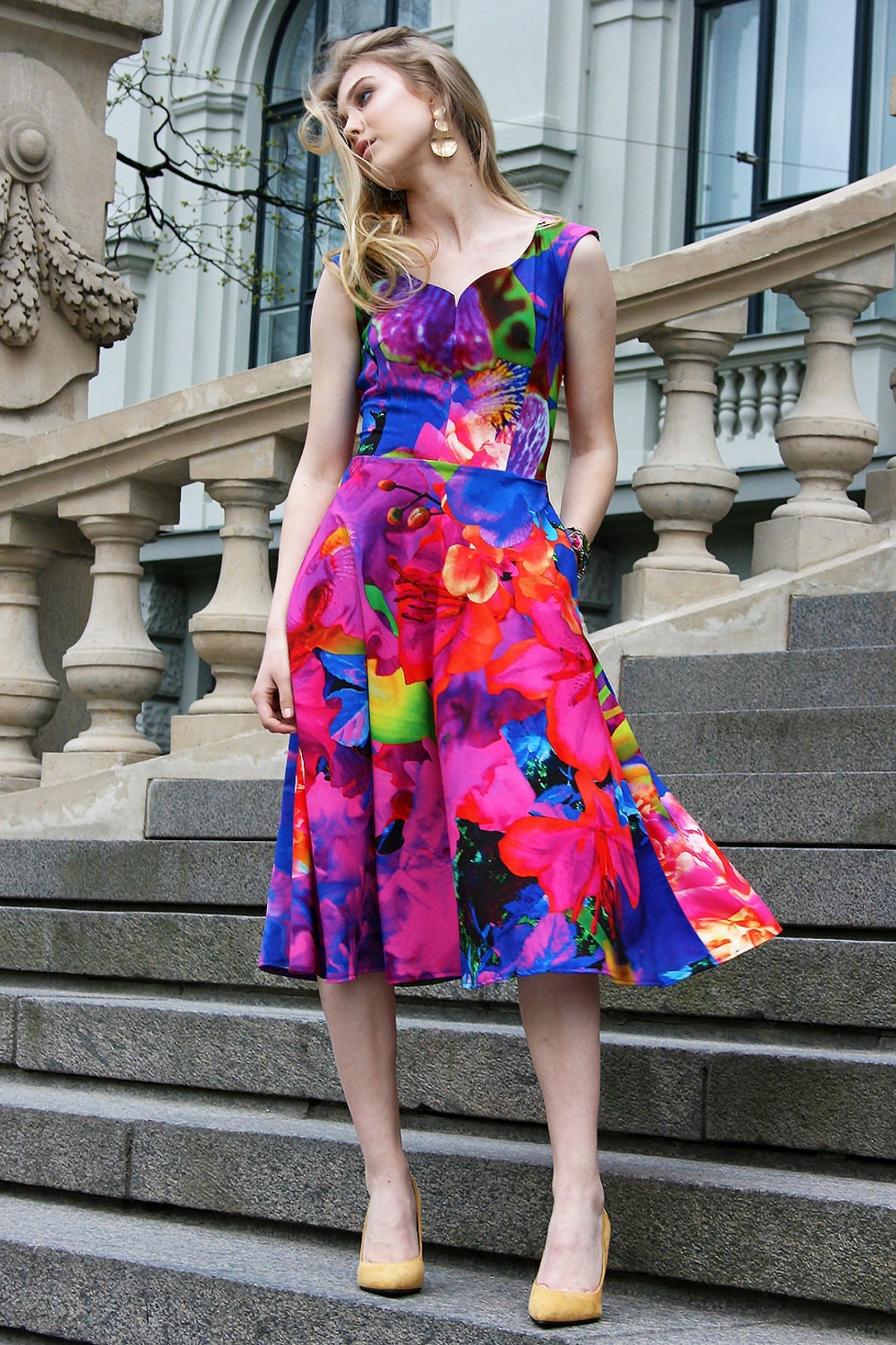 Flowers Dress Formal Dress Women Dress Colorful Dress Floral Dress Cocktail Dress Bohemian Dress Midi Dress Summer Dress Etsy