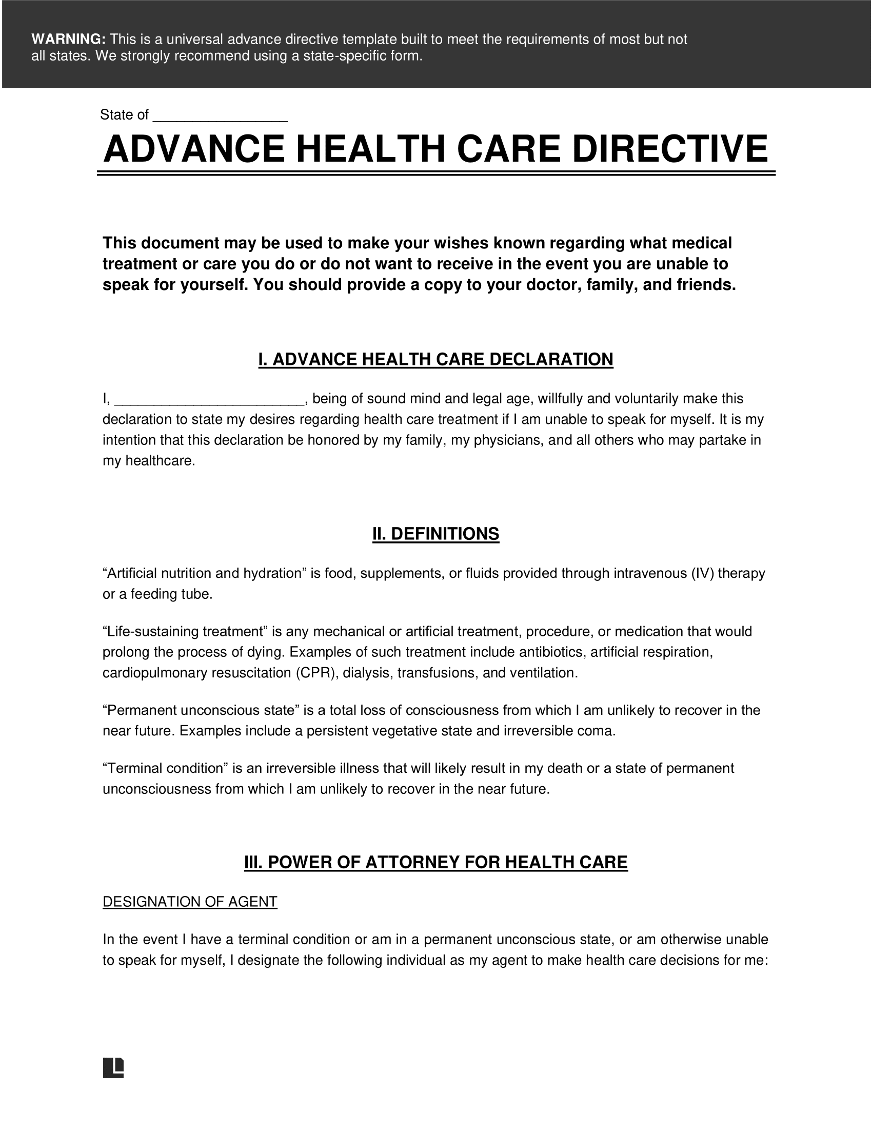 advance directive printable form