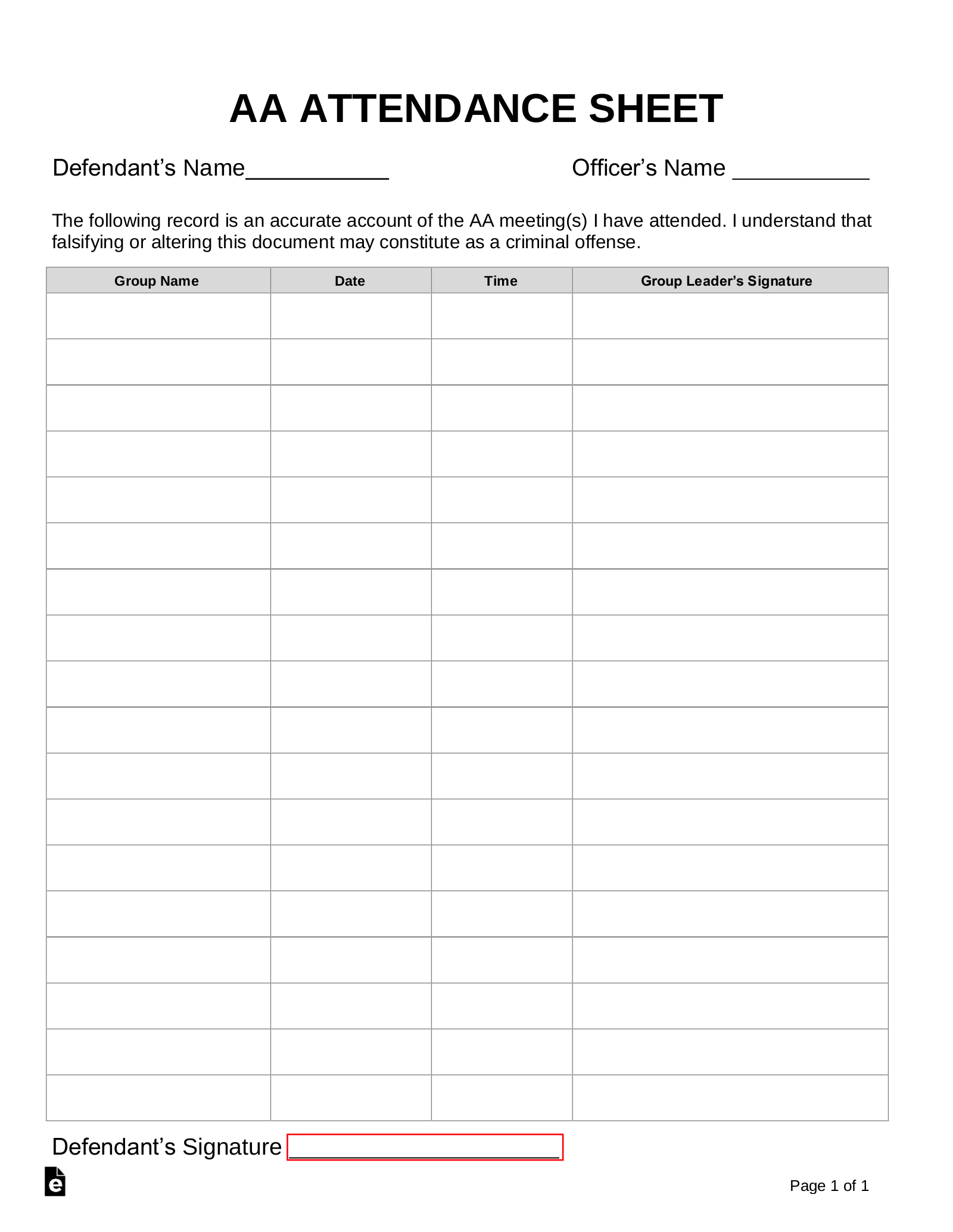 Free Alcoholics Anonymous AA Sign in Attendance Sheet Template 