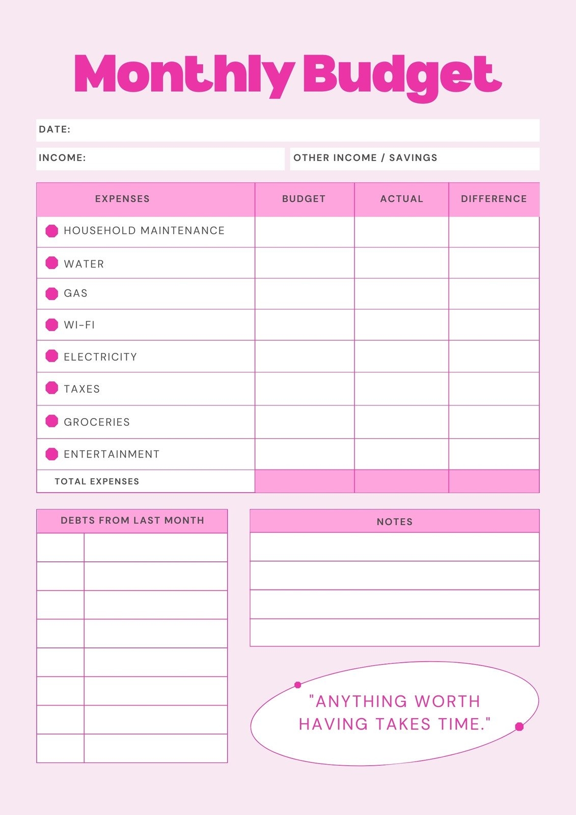 monthly budget worksheet printable