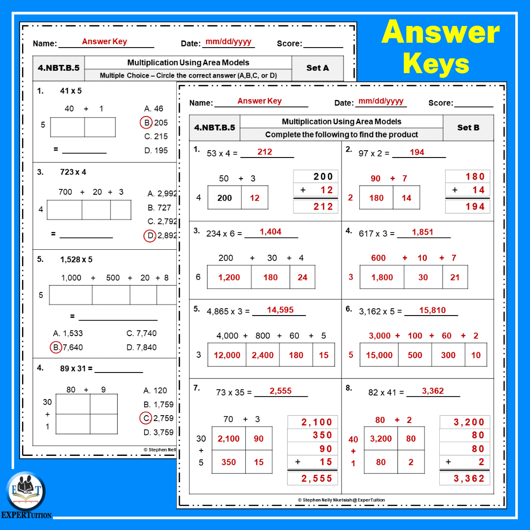 area model multiplication worksheet