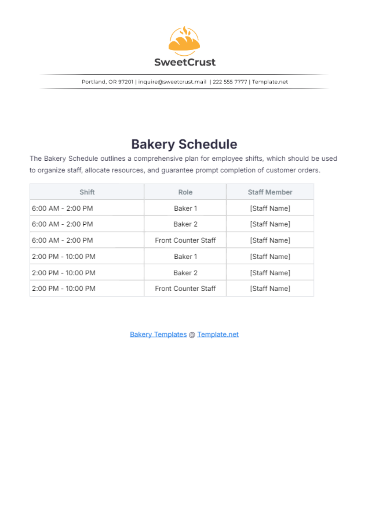Free Bakery Weekly Production Schedule Outline Template To Edit Online