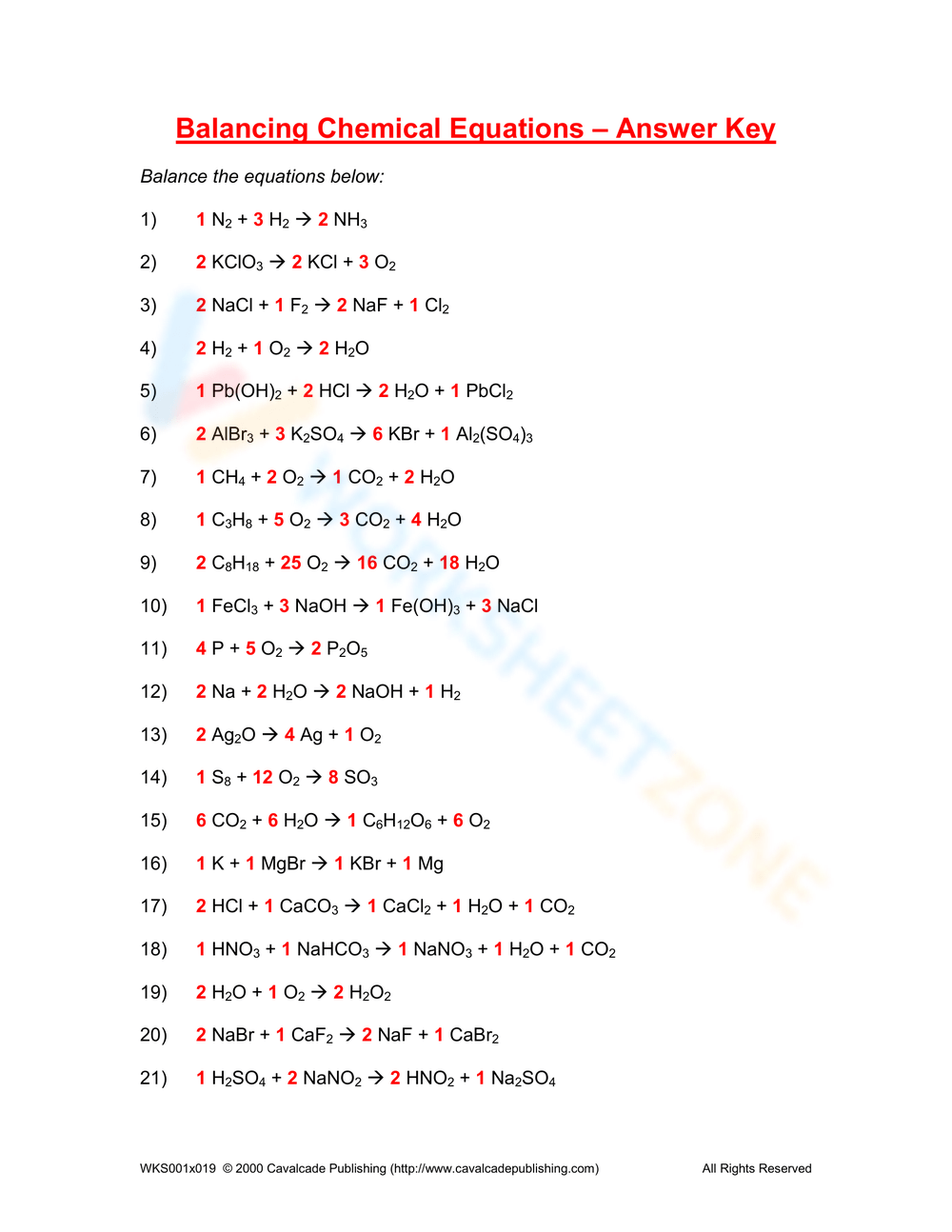 Free Balancing Chemical Equations Worksheet Answer Key 