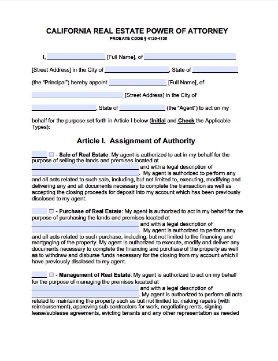 free printable power of attorney form california