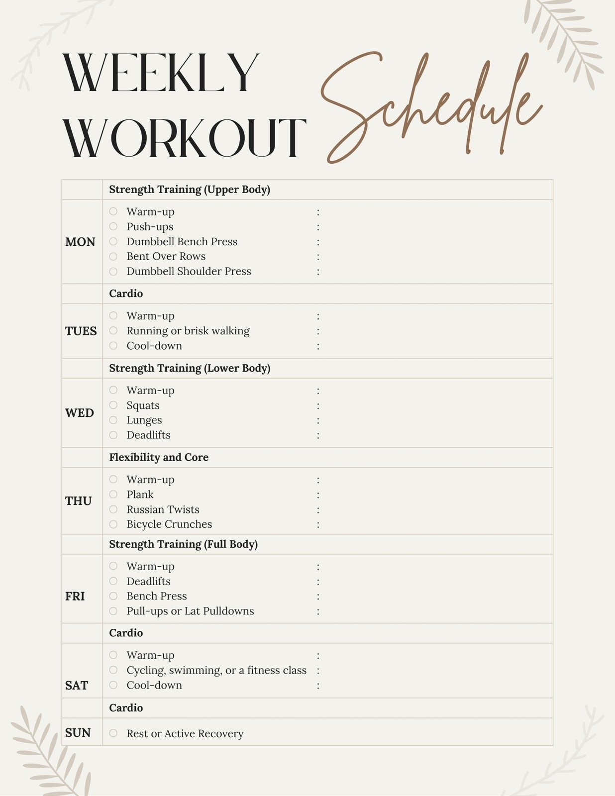 free workout schedule template