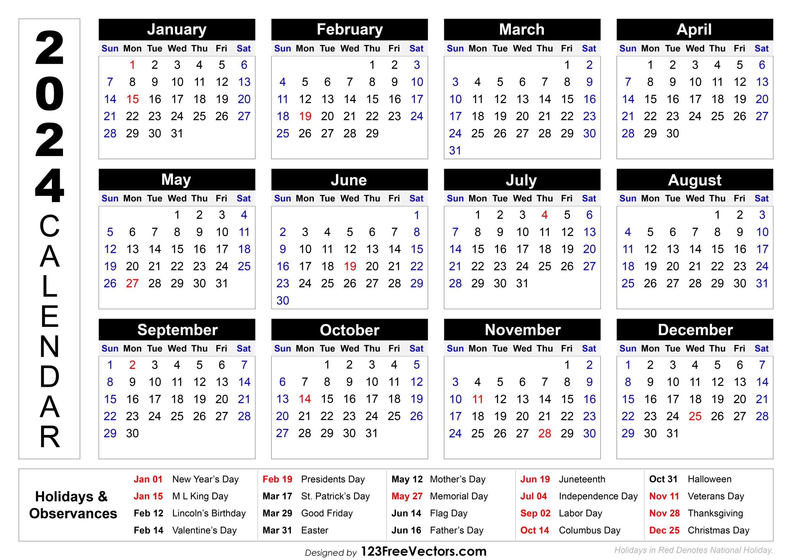 Free Download 2024 Printable Calendar With Holidays