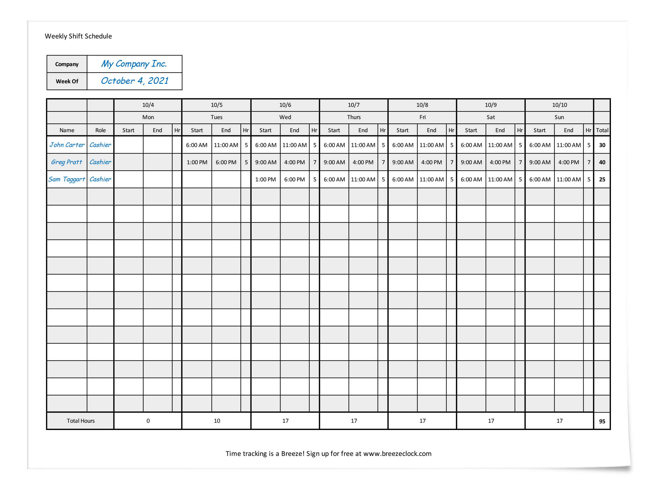 weekly shift schedule template