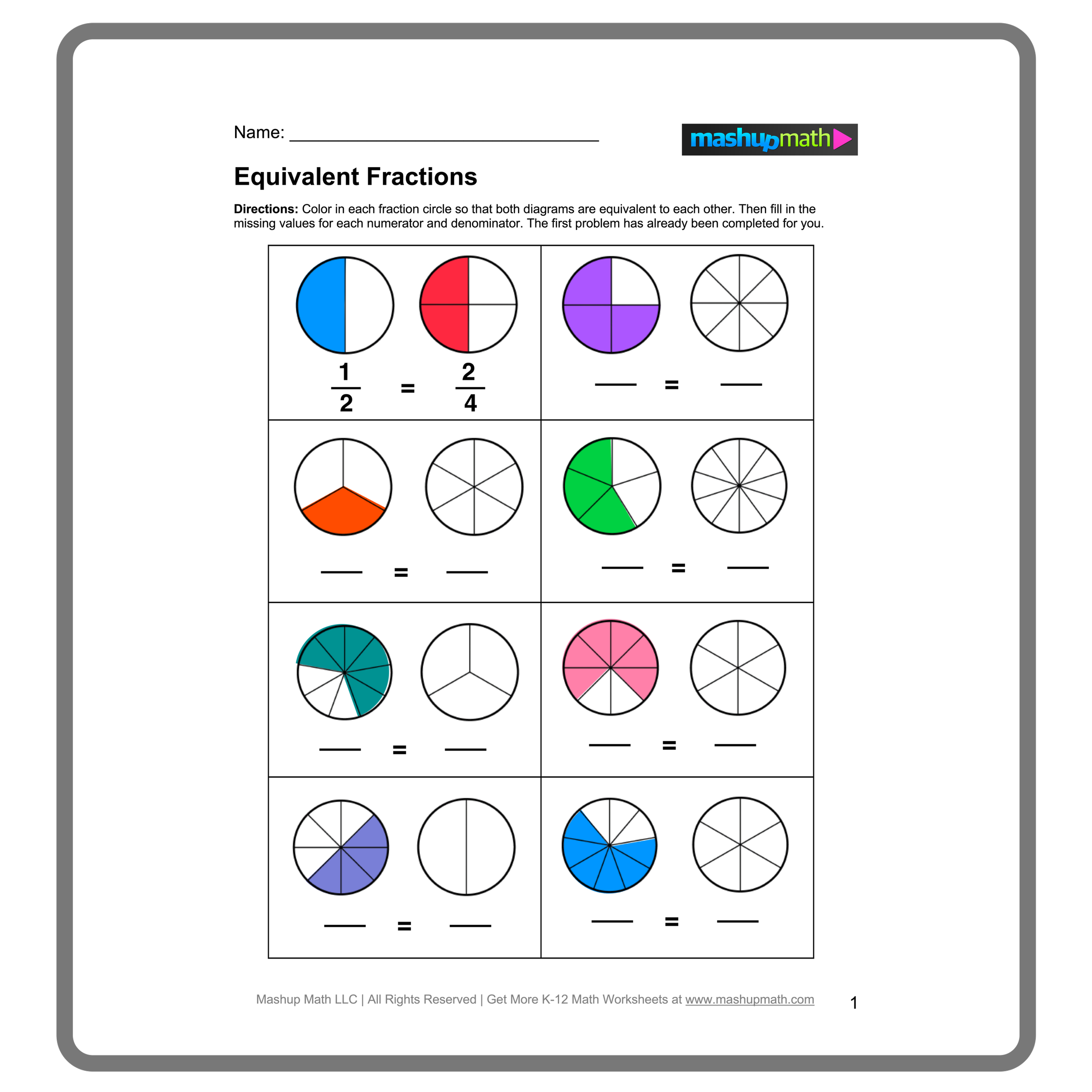 equal fractions worksheets