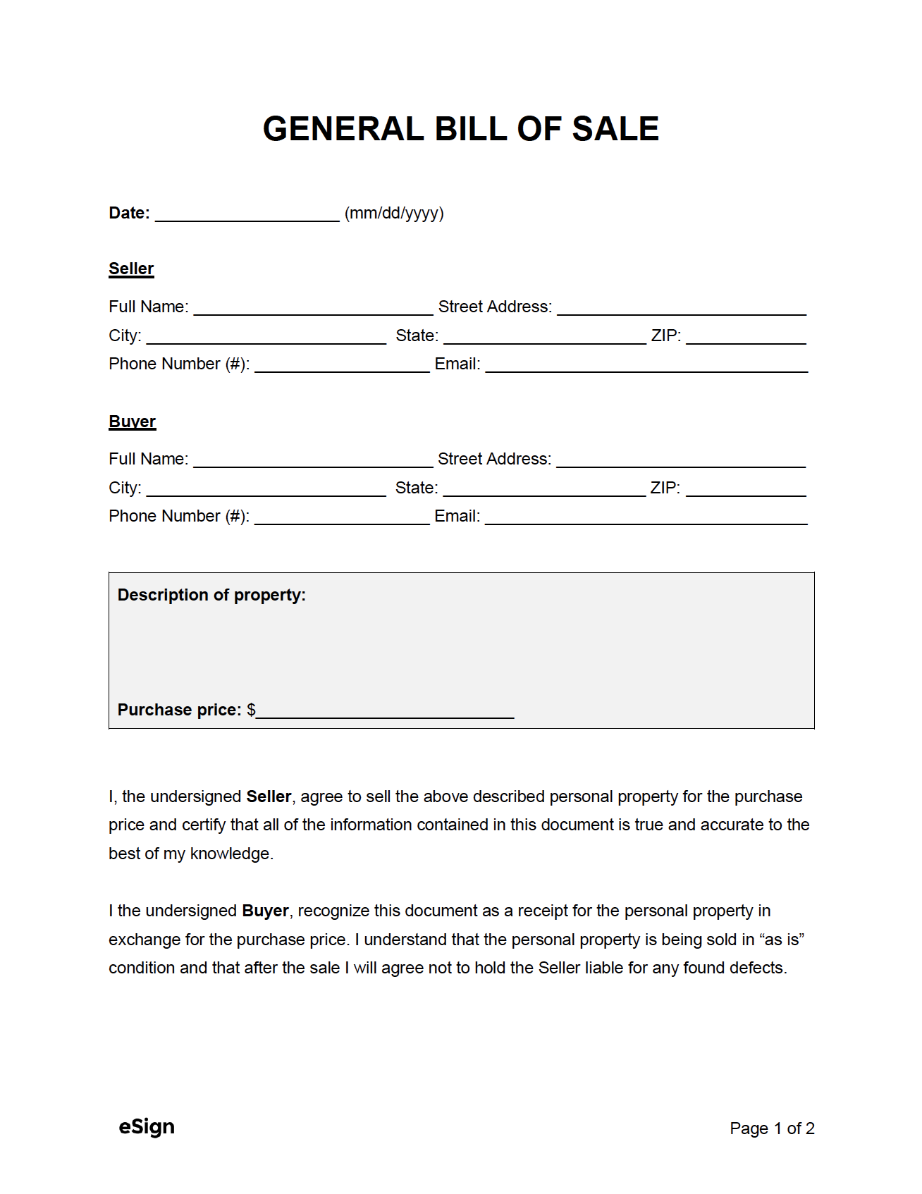 free bill of sale printable