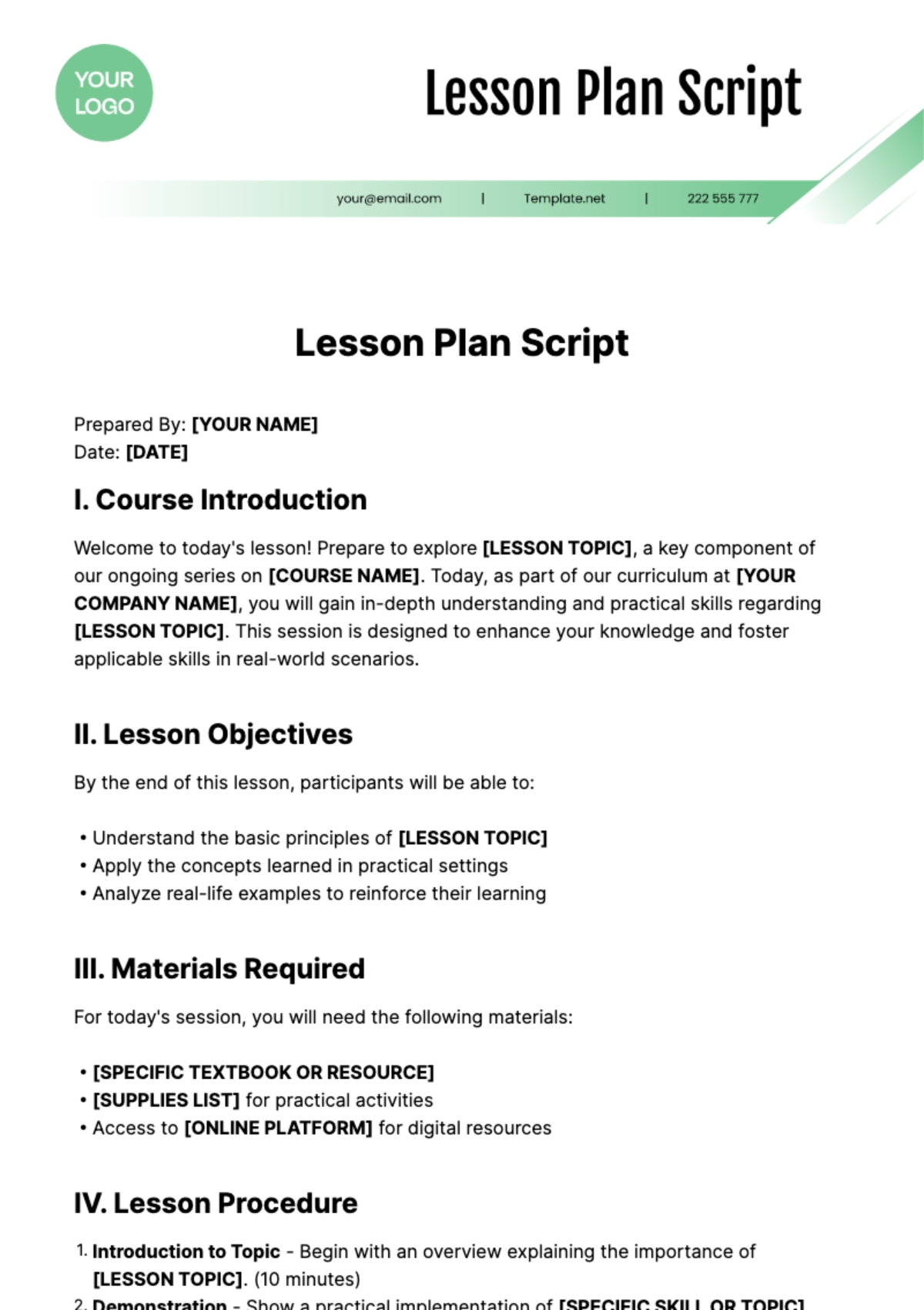Free Lesson Plan Script Template To Edit Online