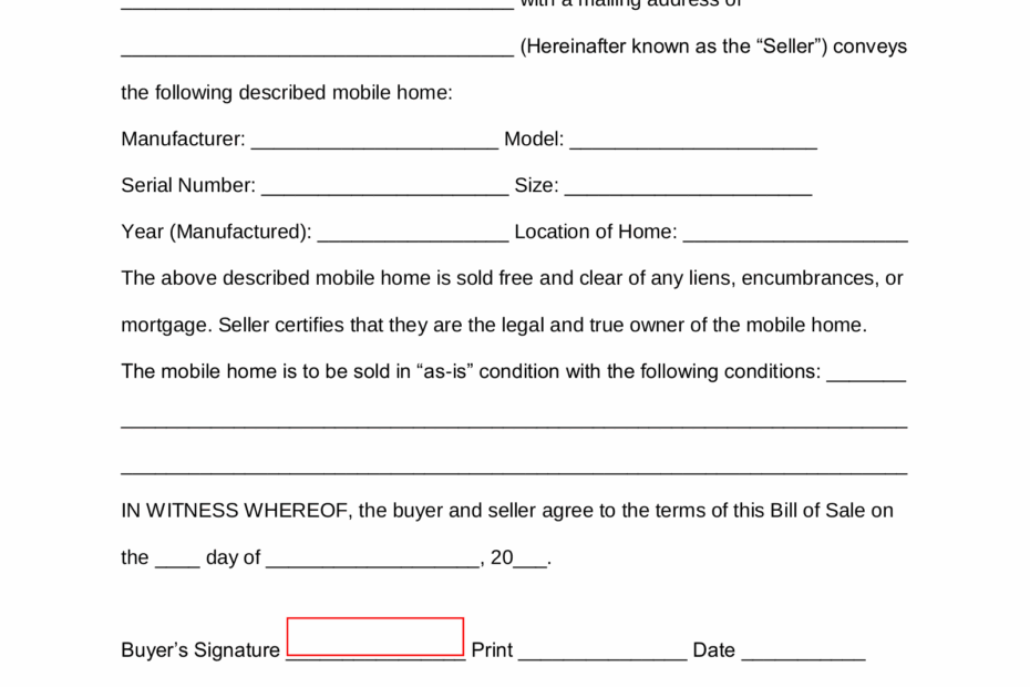 Free Mobile Manufactured Home Bill Of Sale Form PDF Word