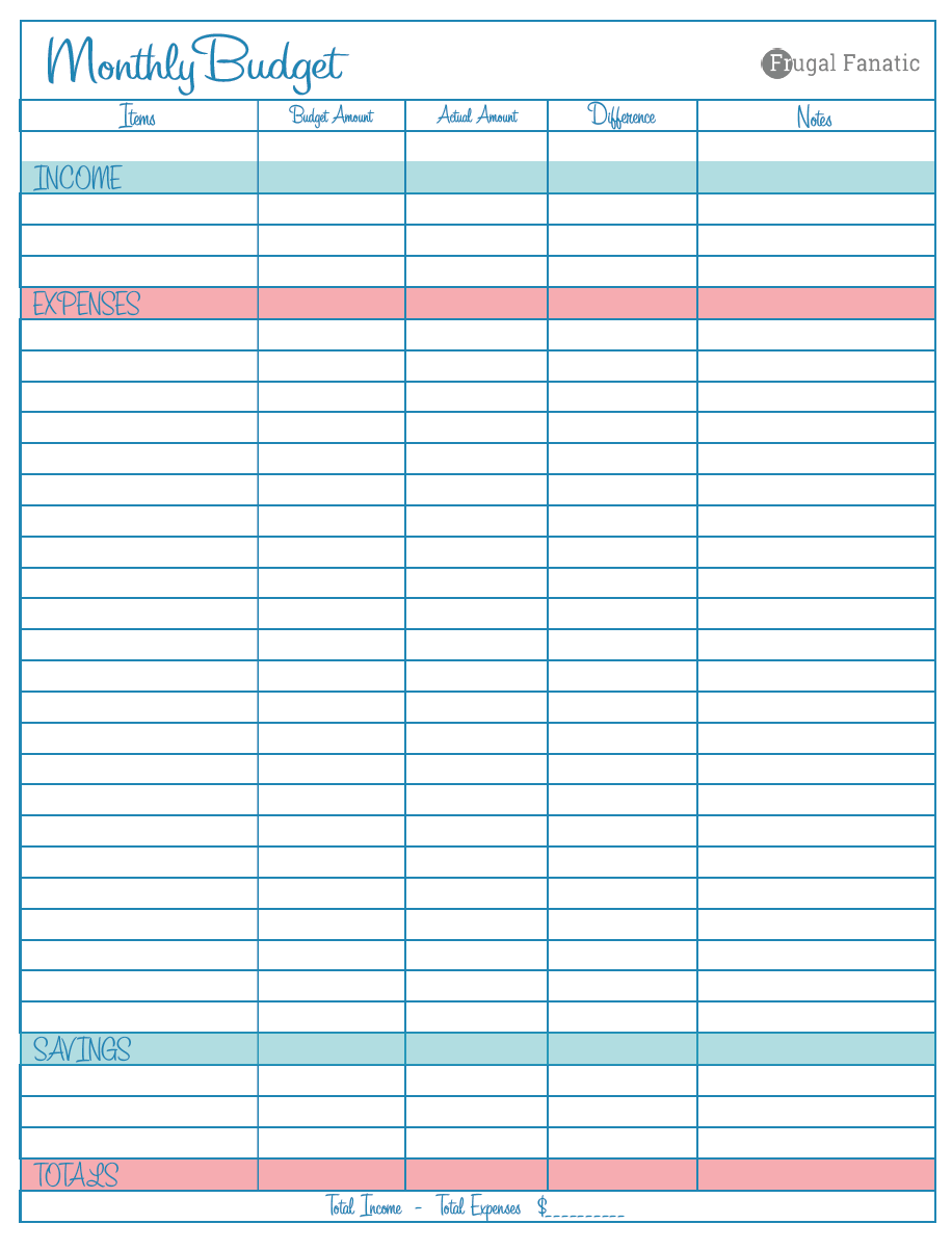 printable monthly budget template