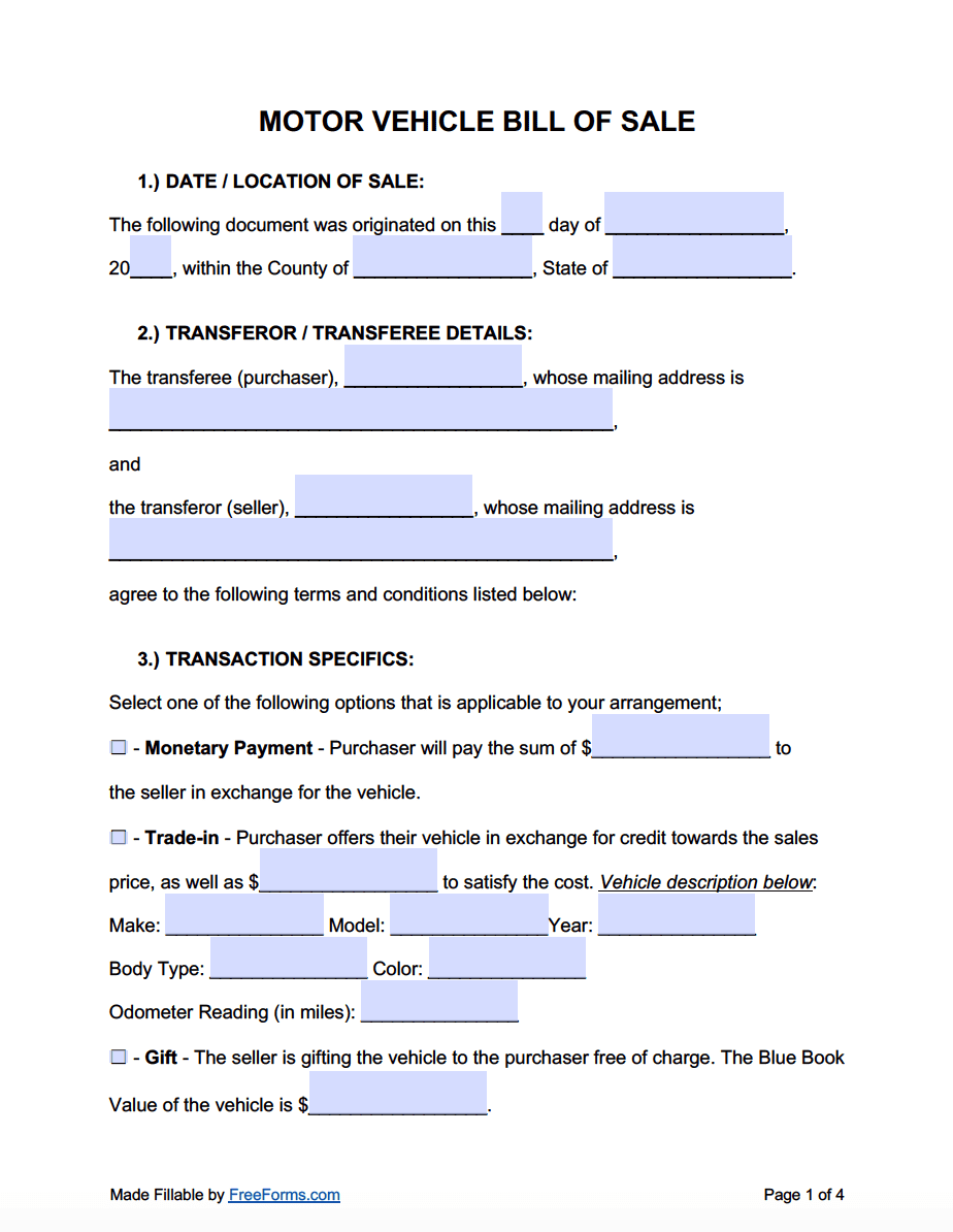 printable bill of sale for a car