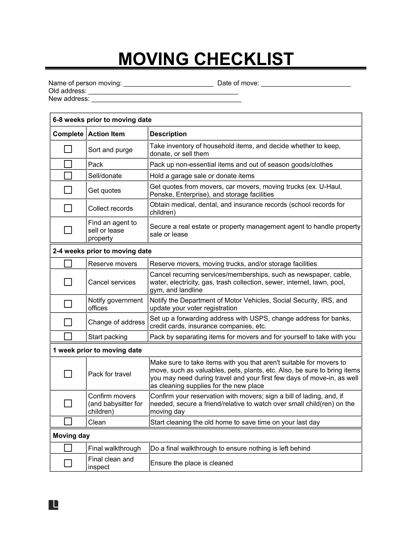 printable moving checklist