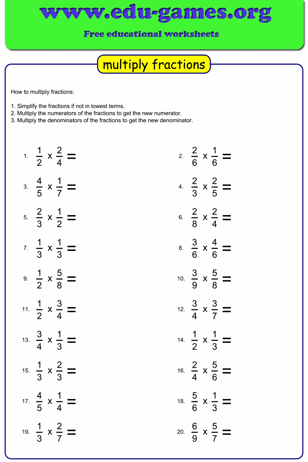 multiplication of fractions worksheet