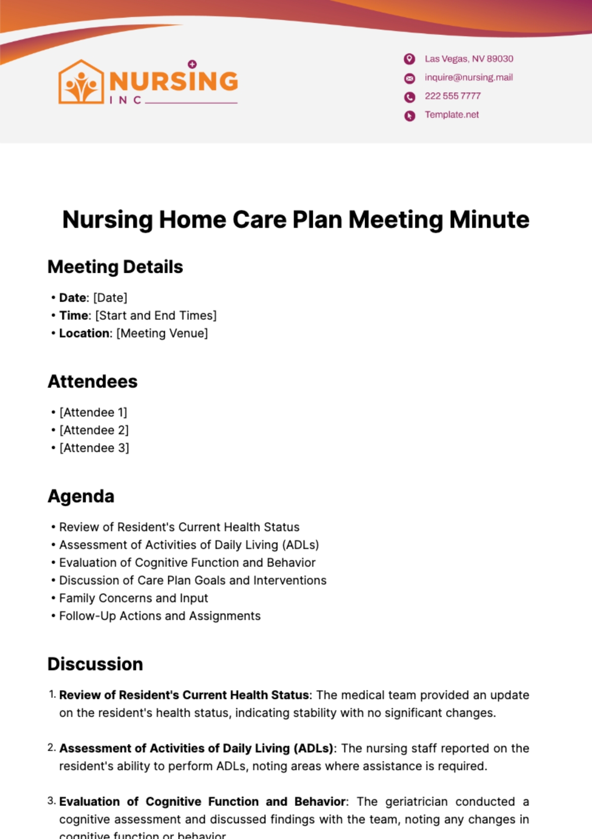 Free Nursing Home Care Plan Meeting Minute Template To Edit Online