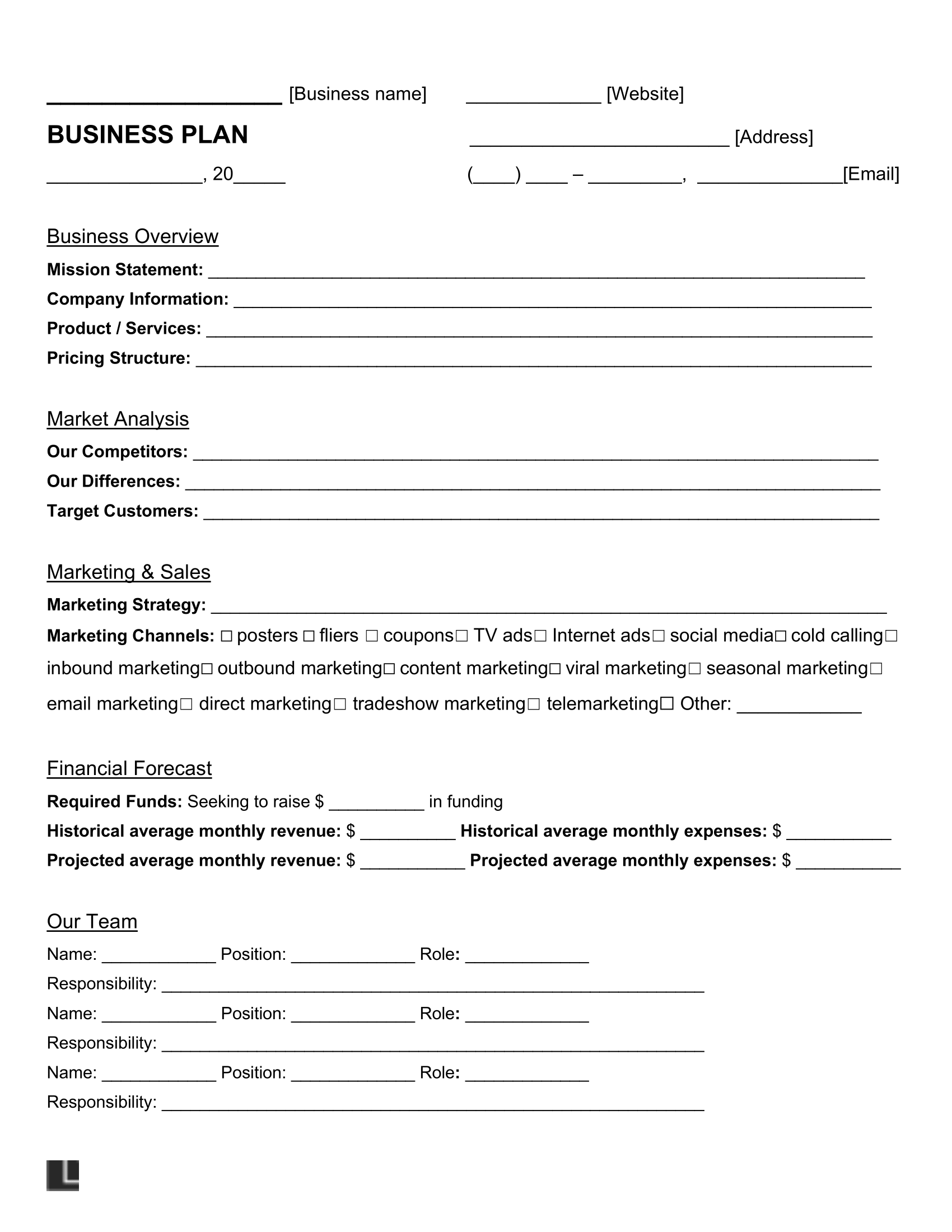 Free One Page Business Plan Template PDF U0026 Word